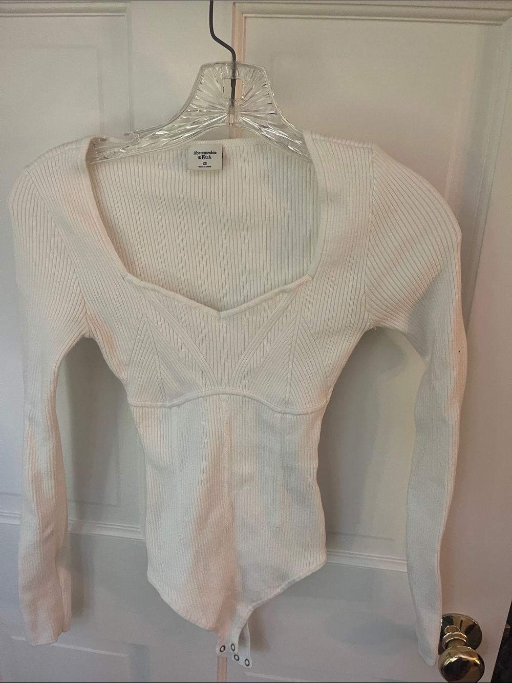Abercrombie & Fitch Cream Ribbed Long-Sleeve Square-Neck Bodysuit
